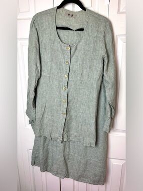 FLAX 100% Linen Skirt Suit Set Jacket Shirt Midi Green Pockets Lightweight